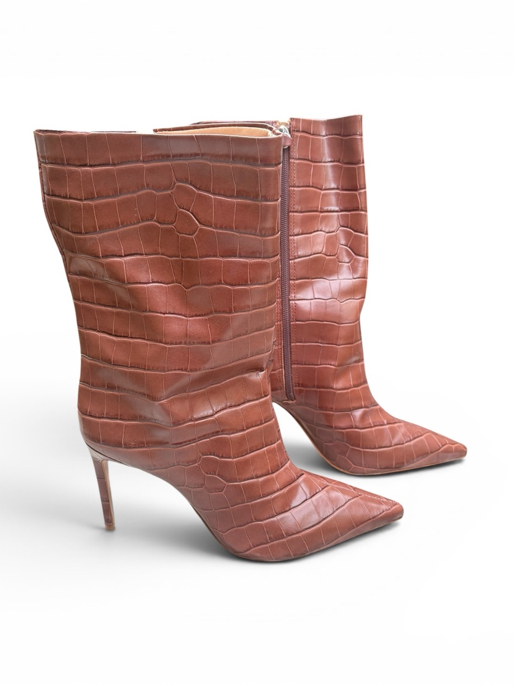 SCHUTZ Brown Croc-Embossed Pointed-Toe Stiletto Mid-Calf Boots